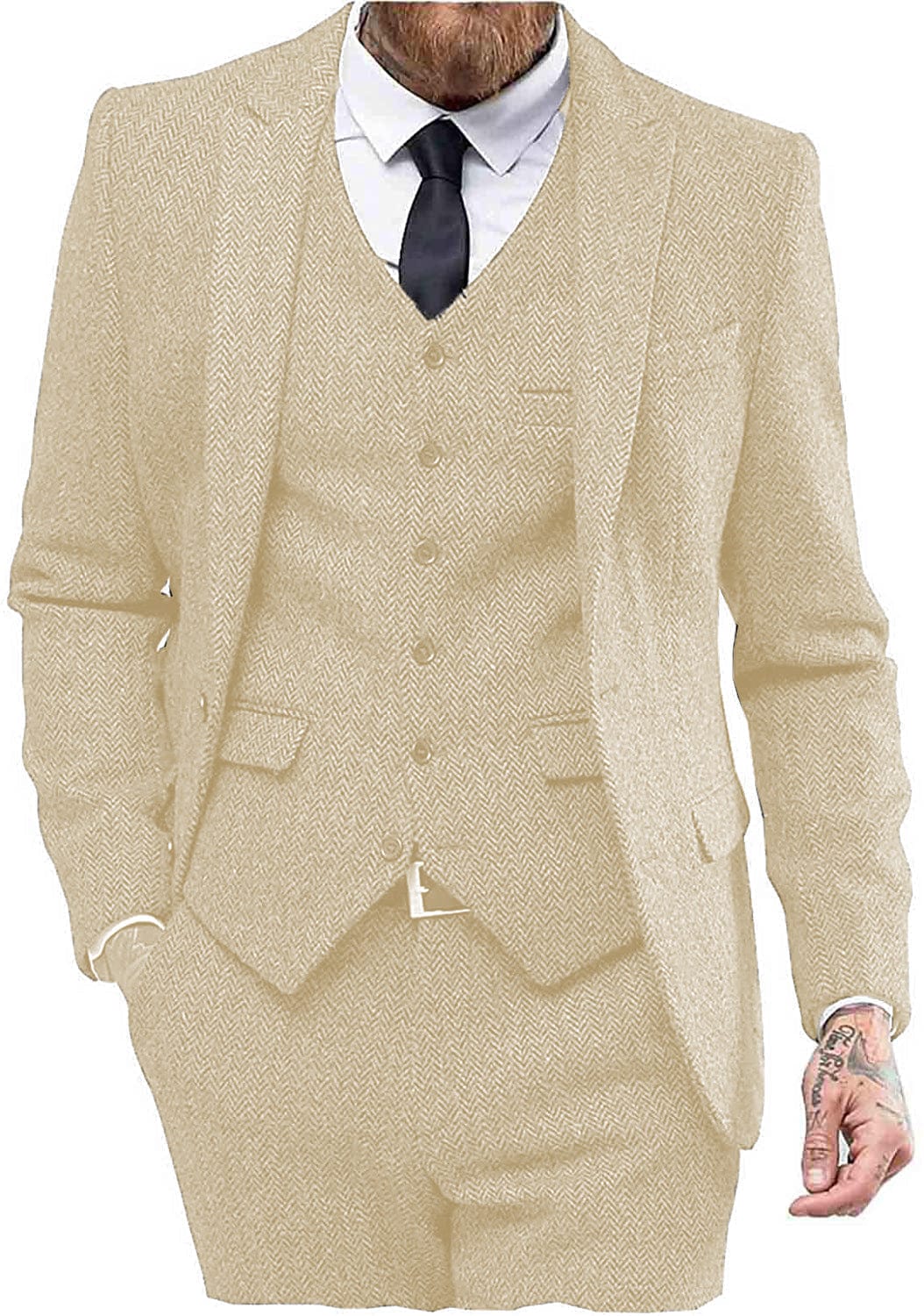 ceehuteey 3 Piece Mens Suit Herringbone Peak Lapel Tuxedos (Blazer+vest+Pants)