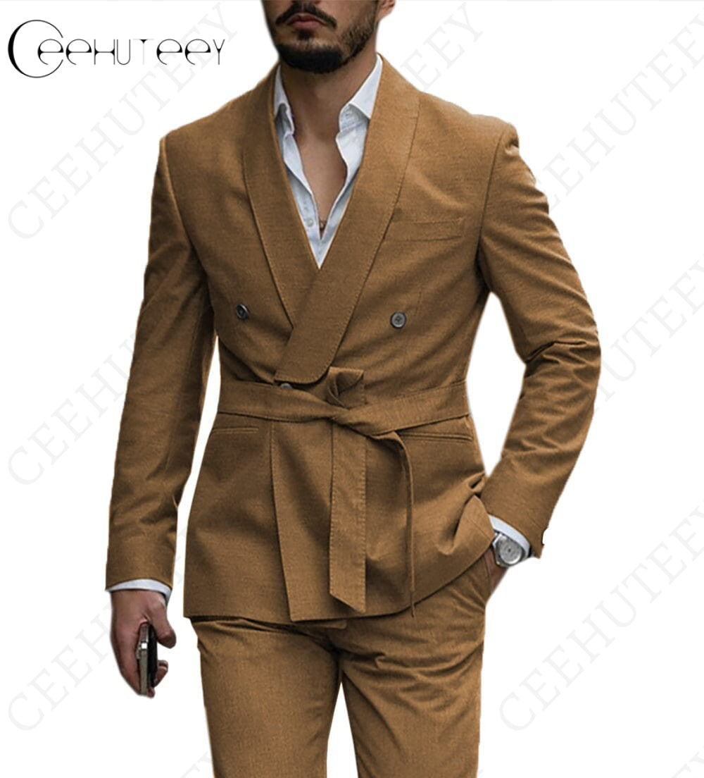 ceehuteey Casual Mens Suit Double Breasted Shawl Lapel 2 Pieces (Blazer+Pants)