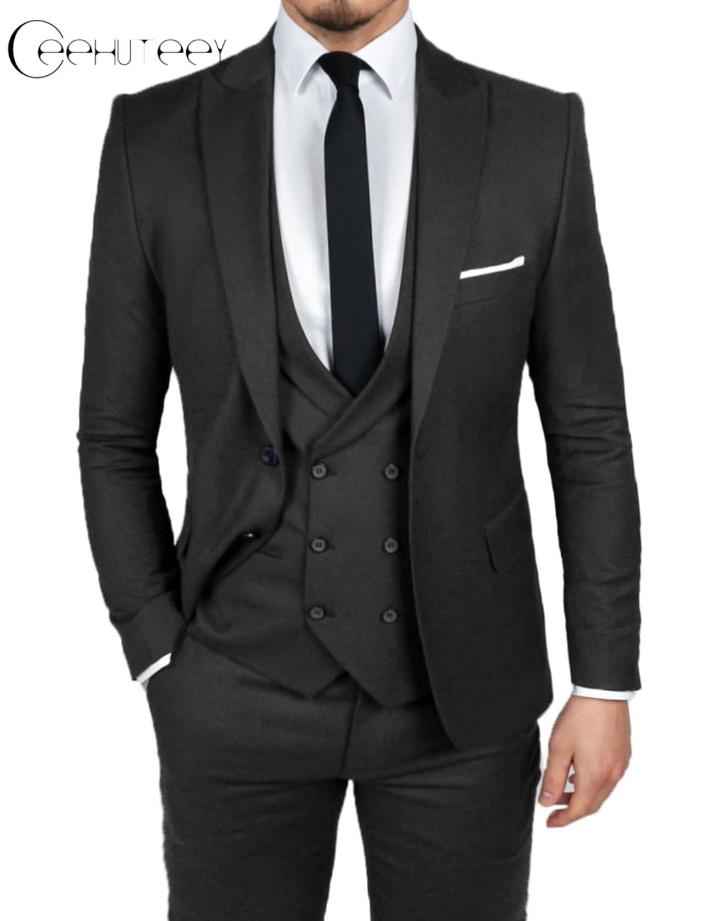 ceehuteey Causal Men's 3 Pieces Dinner Suit Peak Lapel Tuxedos Groom (Blazer+vest+Pants)