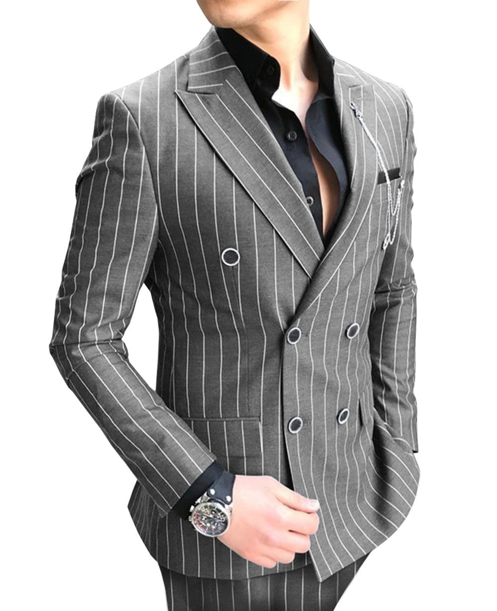 ceehuteey Formal Men's 2 Pieces Pinstripe Suit Peak Lapel Striped Tuxedos (Blazer+Pants)