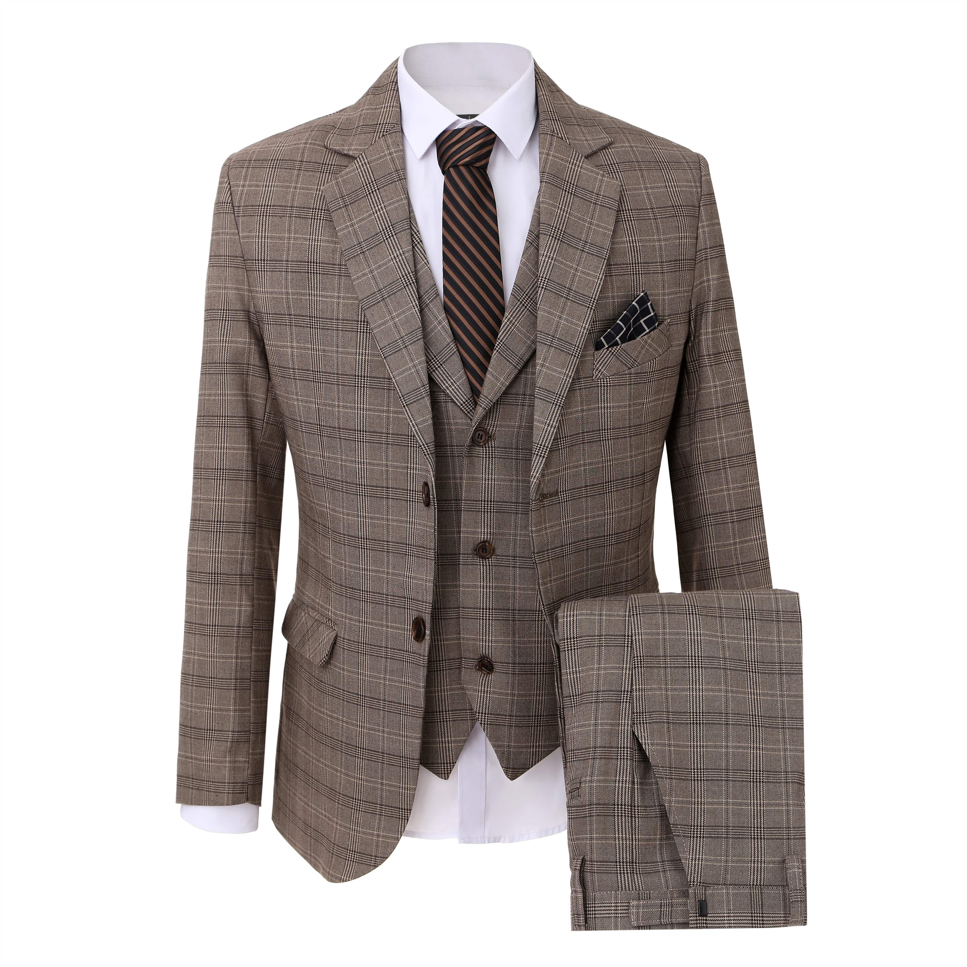 ceehuteey Formal Men's Fashion 3 Pieces Tweed Plaid Notch Lapel Suit Men for Wedding Or Party(Blazer+vest+Pants)