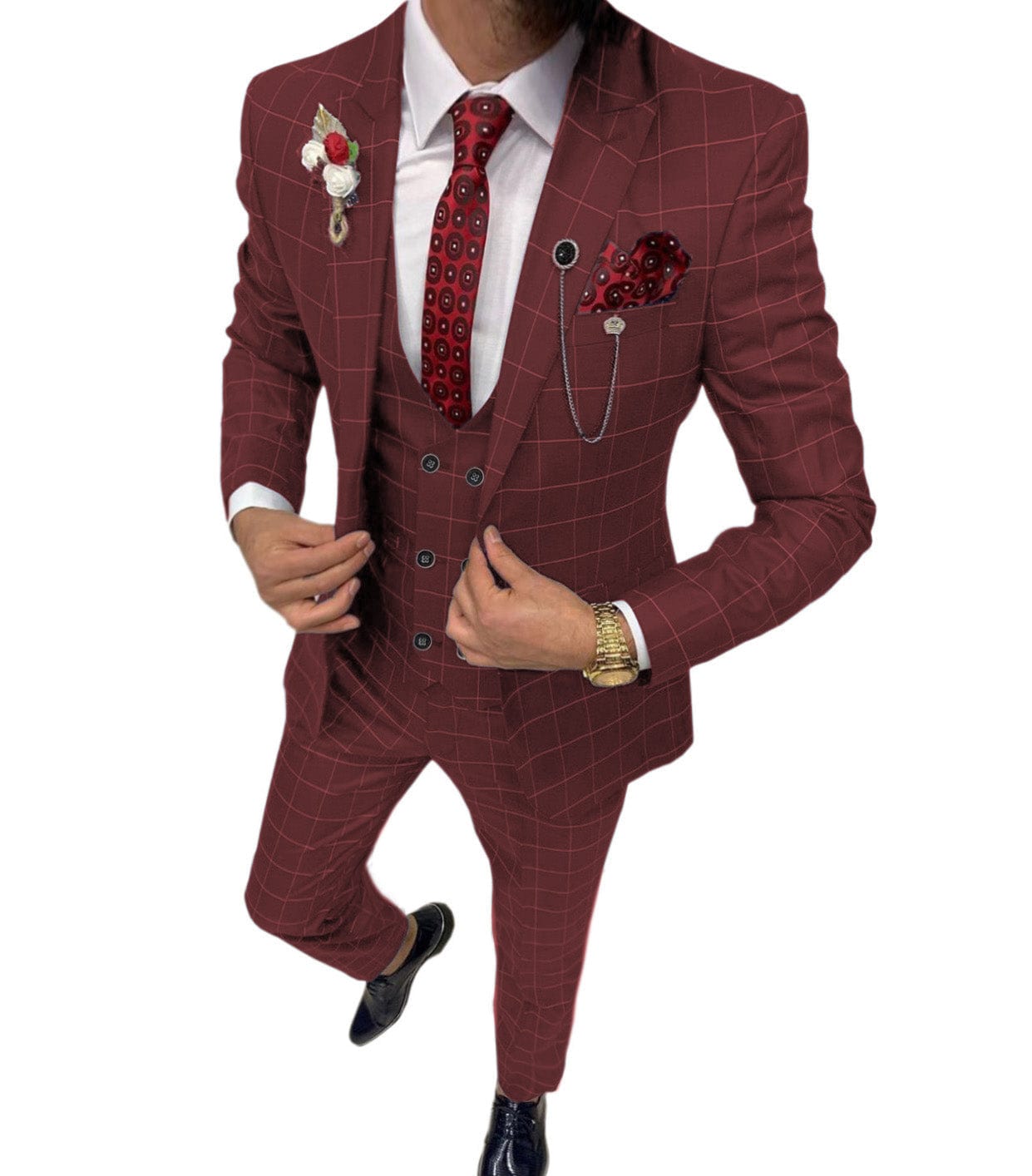 ceehuteey Formal Mens Suit 3 Pieces Check Plaid  Peak Lapel Tuxedos for Wedding (Blazer+Vest+Pants)