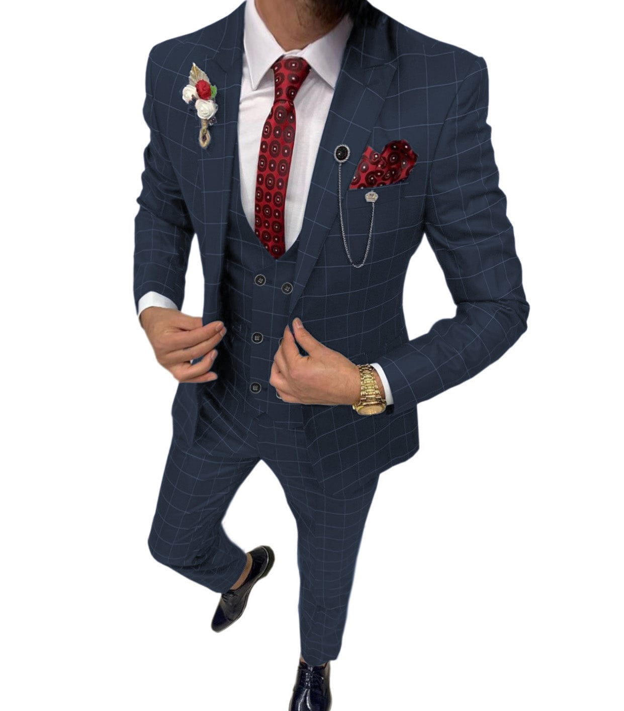 ceehuteey Formal Mens Suit 3 Pieces Check Plaid  Peak Lapel Tuxedos for Wedding (Blazer+Vest+Pants)