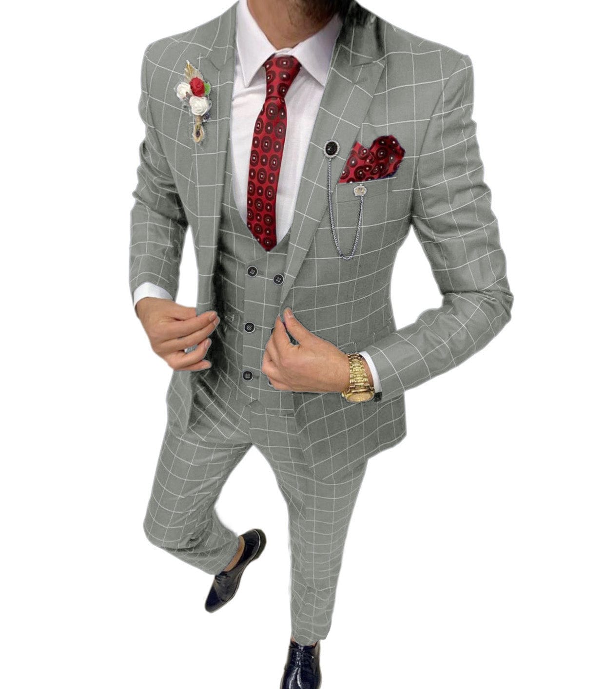 ceehuteey Formal Mens Suit 3 Pieces Check Plaid  Peak Lapel Tuxedos for Wedding (Blazer+Vest+Pants)