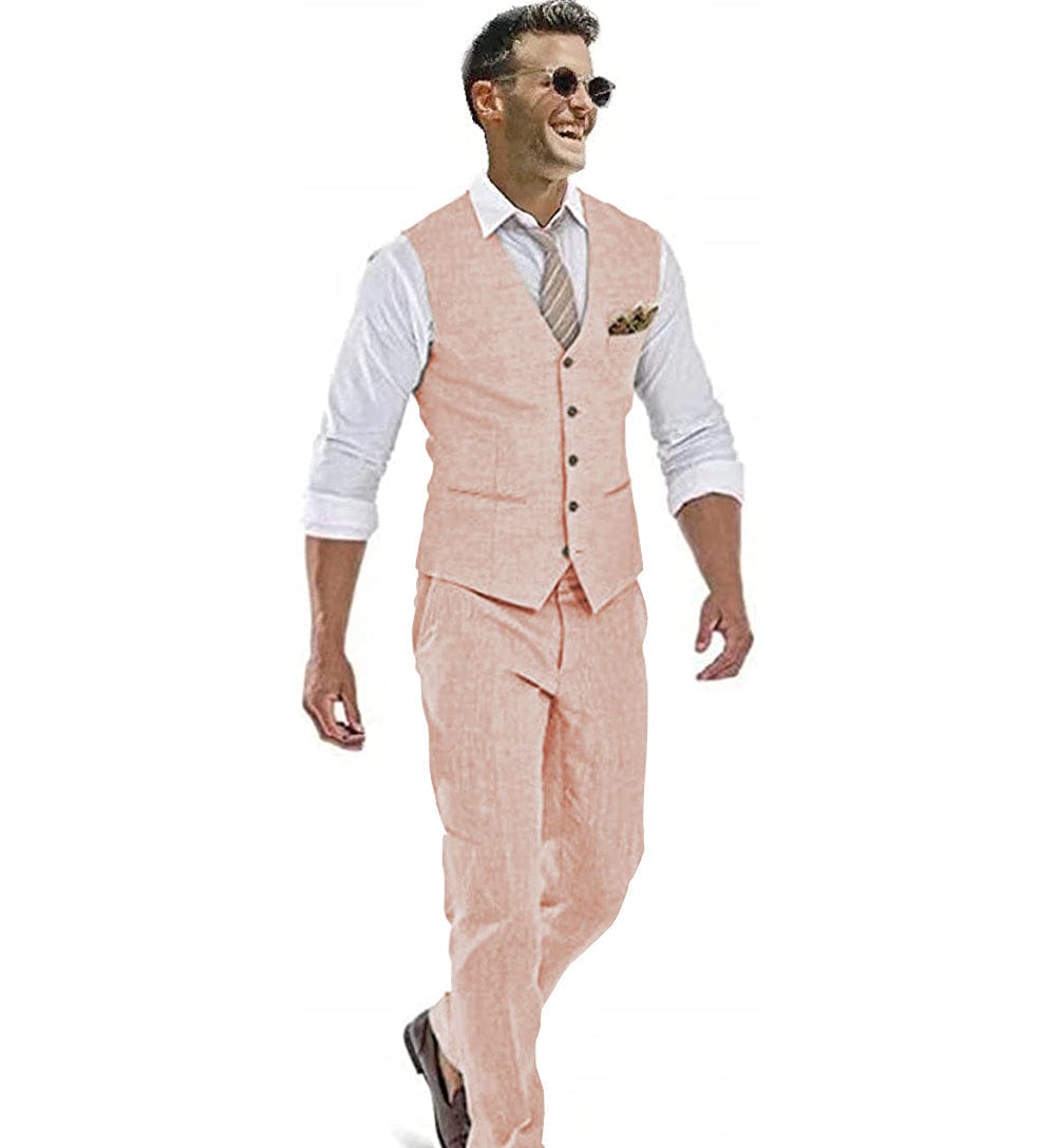 ceehuteey Linen Casual 2 Pieces Mens Suit Flat V Neck Groomsmen (Vest + Pants)