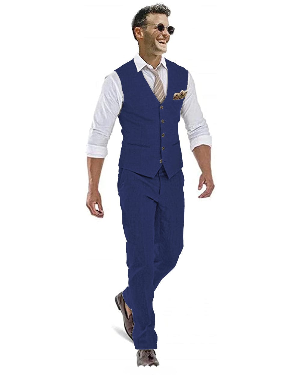 ceehuteey Linen Casual 2 Pieces Mens Suit Flat V Neck Groomsmen (Vest + Pants)