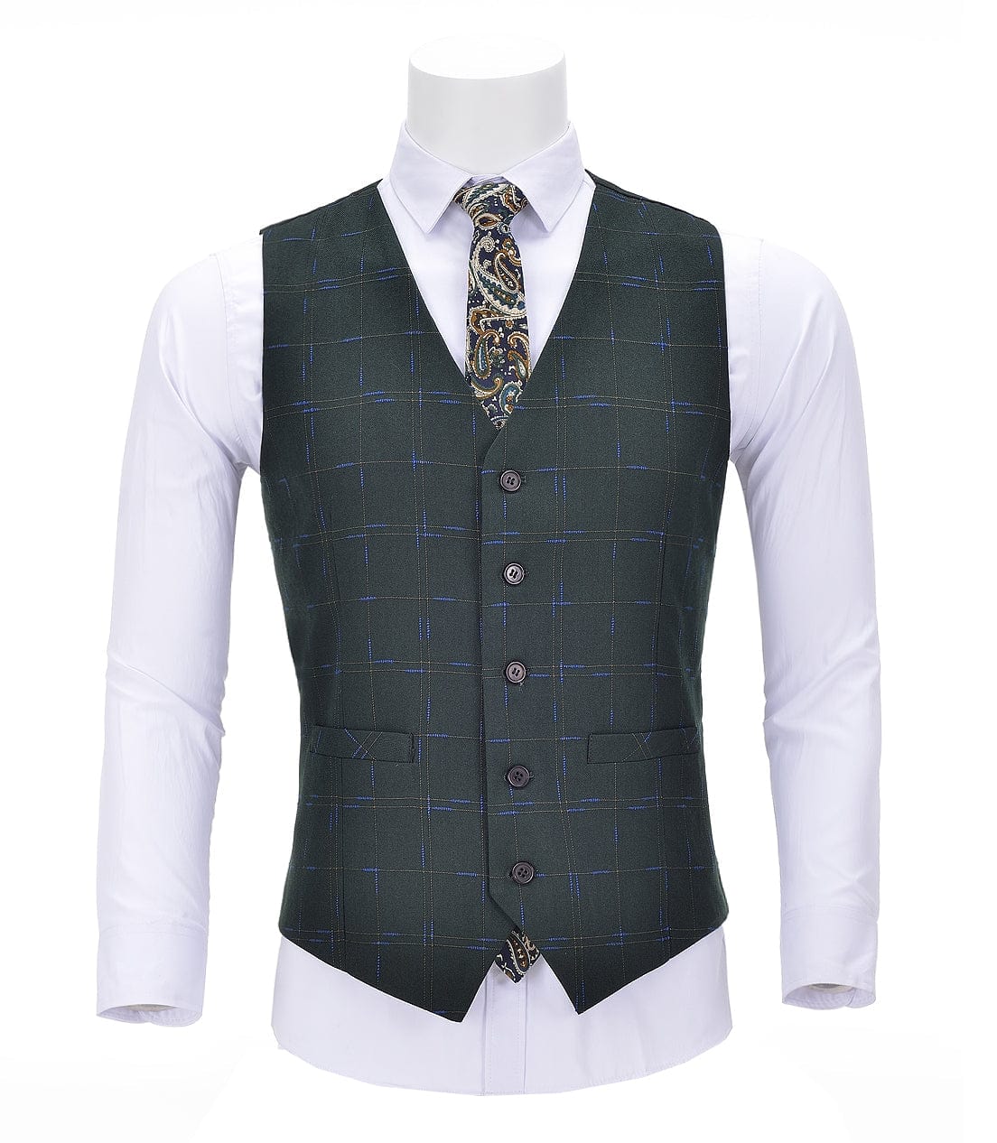 ceehuteey Men Formal V Neck Vest 5 Buttons Plaid Waistcoat