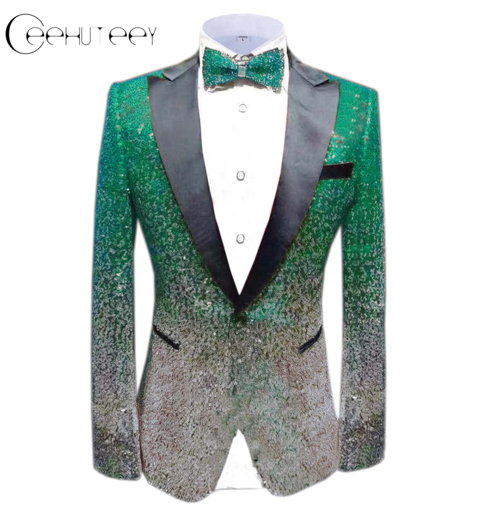 ceehuteey Men Peak Lapel Gradual Change Color Sequins Tuxedos Suit  Blazer