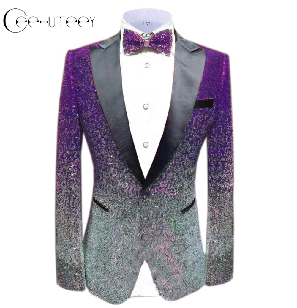 ceehuteey Men Peak Lapel Gradual Change Color Sequins Tuxedos Suit  Blazer