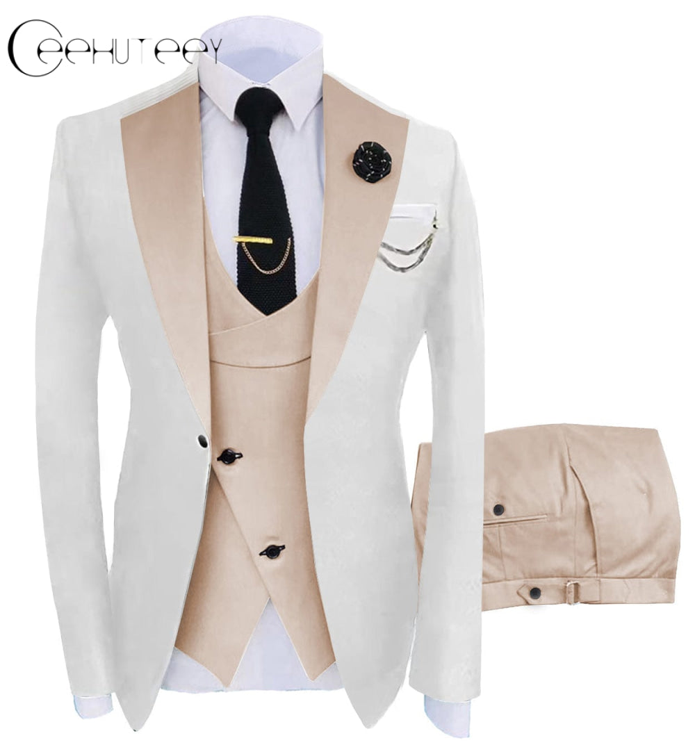 ceehuteey Men's 3 Piece Suits Slim Fit Notch Lapel Western Tuxedos (White Blazer+Vest+ Pant)