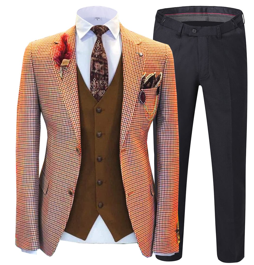 ceehuteey Men's 3 Pieces Checked Houndstooth Peak Lapel Tuxedos (Blazer+vest+Pants)