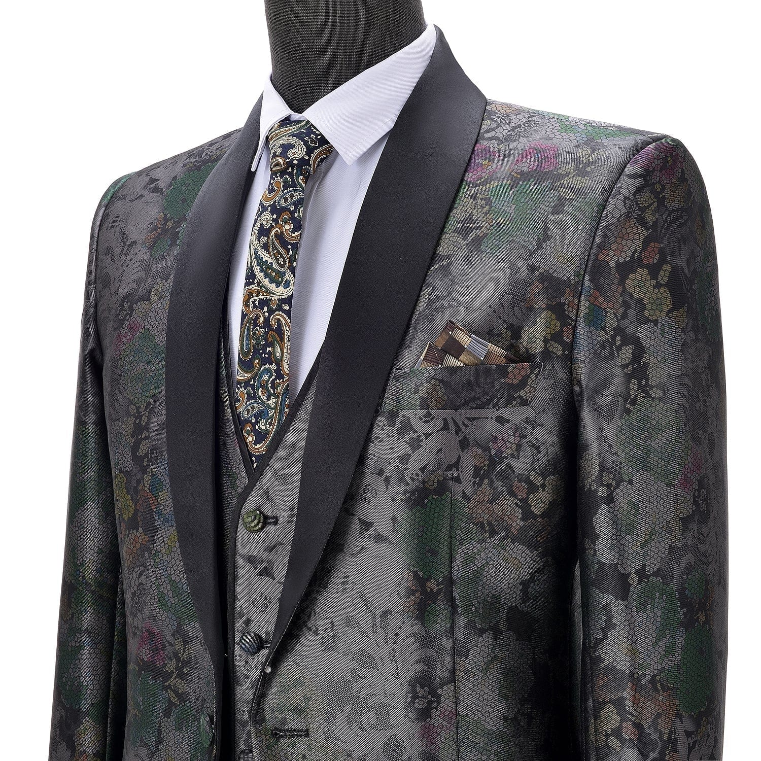 ceehuteey Men's 3 Pieces Peak Lapel Floral Tuxedos Wedding(Blazer+vest+Pants)