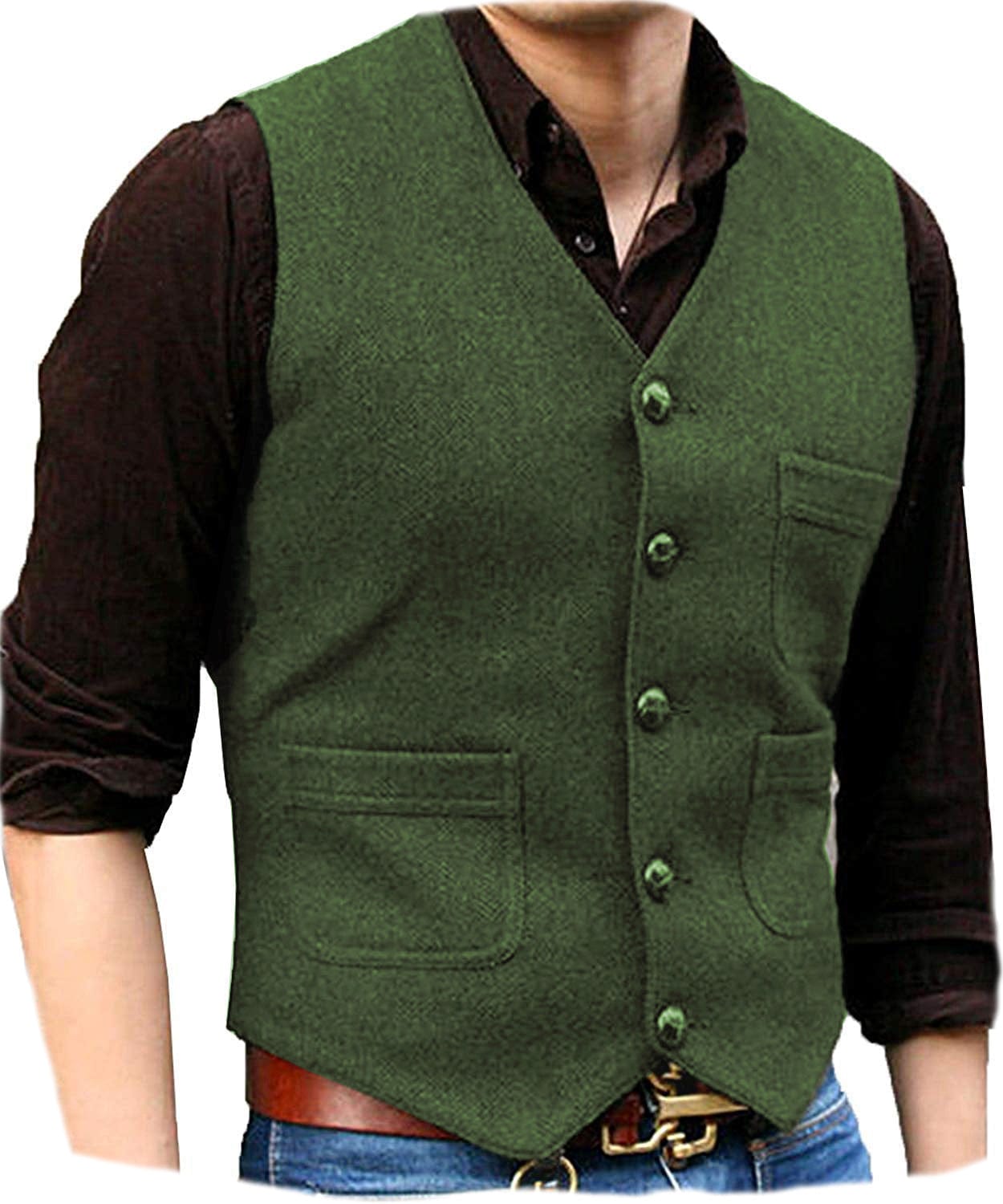 ceehuteey Men's Casual Tweed Herringbone V Neck Waistcoat