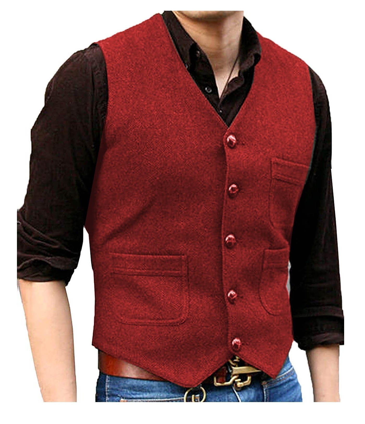 ceehuteey Men's Casual Tweed Herringbone V Neck Waistcoat