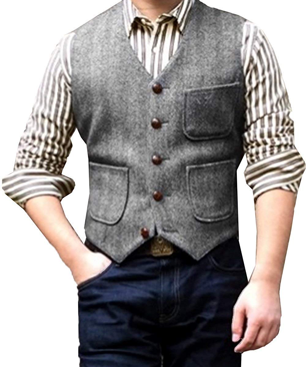 ceehuteey Men's Casual Tweed Herringbone V Neck Waistcoat