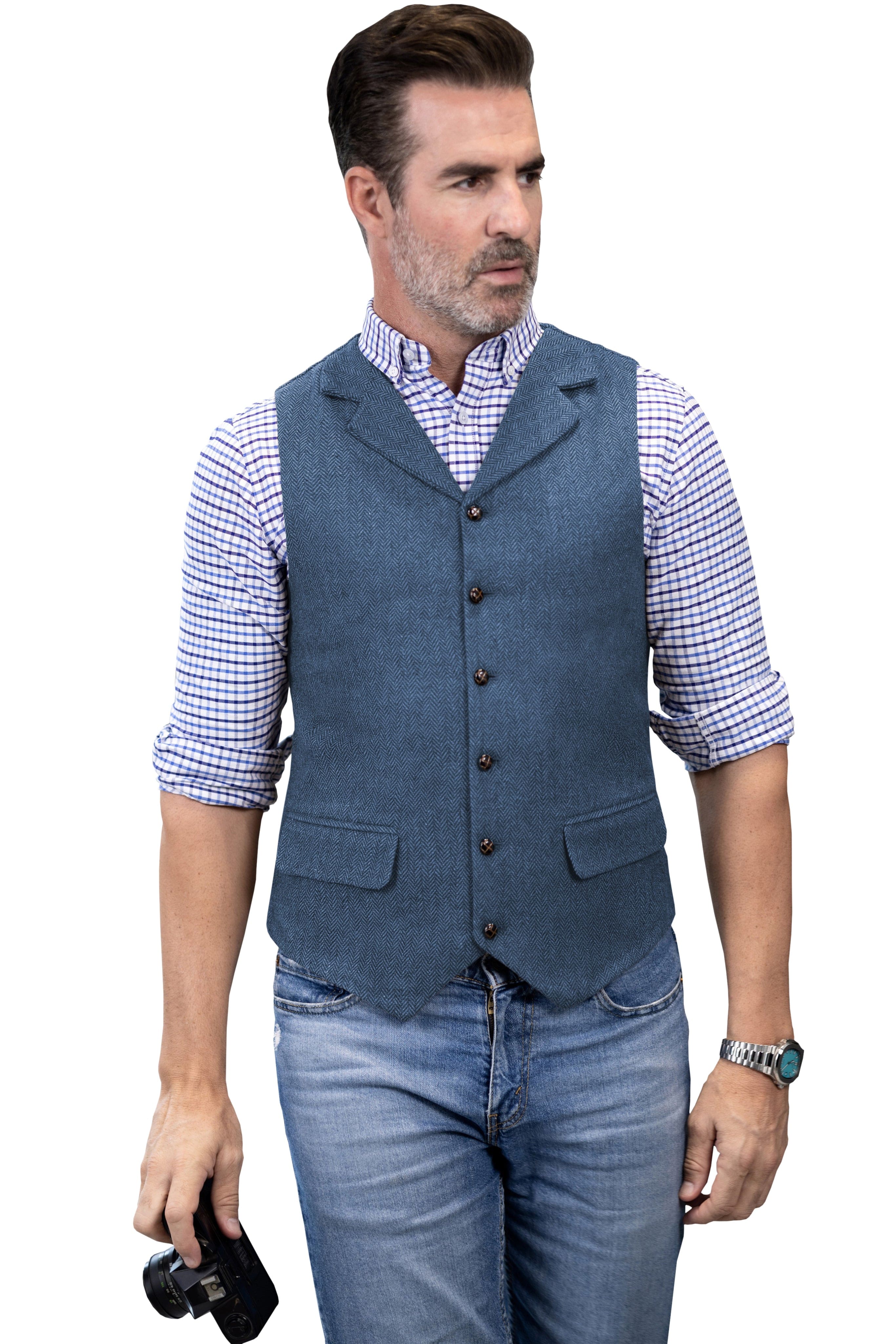 ceehuteey Men's Casual Vest Tweed Herringbone  Notch Lapel Waistcoat