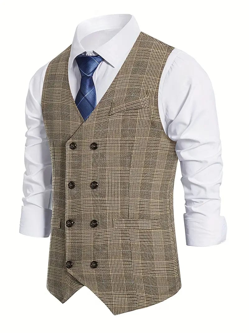 ceehuteey Men's Formal Double Breasted Plaid V Neck Waistcoat