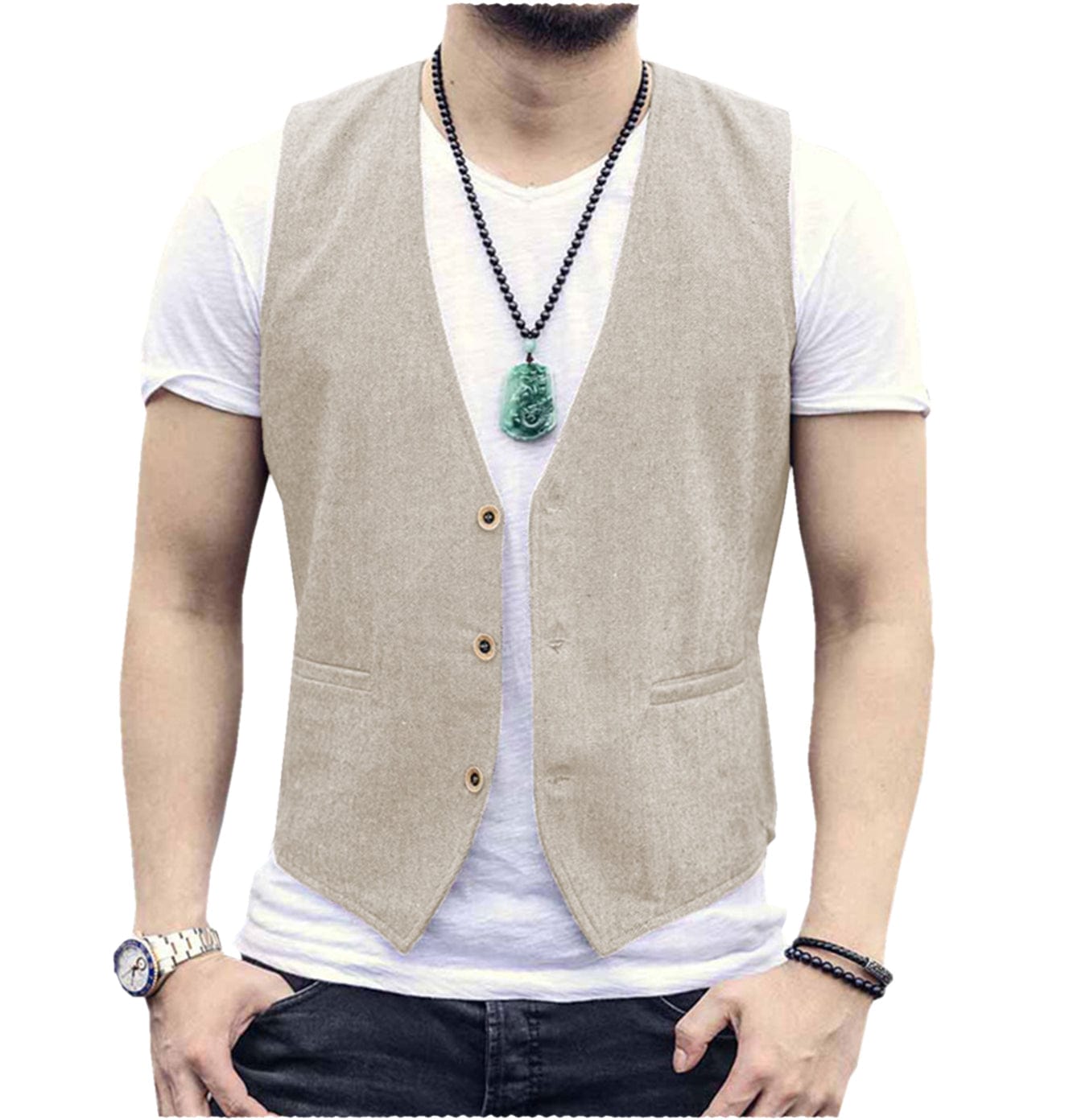 ceehuteey Men's Linen V Neck Casual Summer Waistcoat