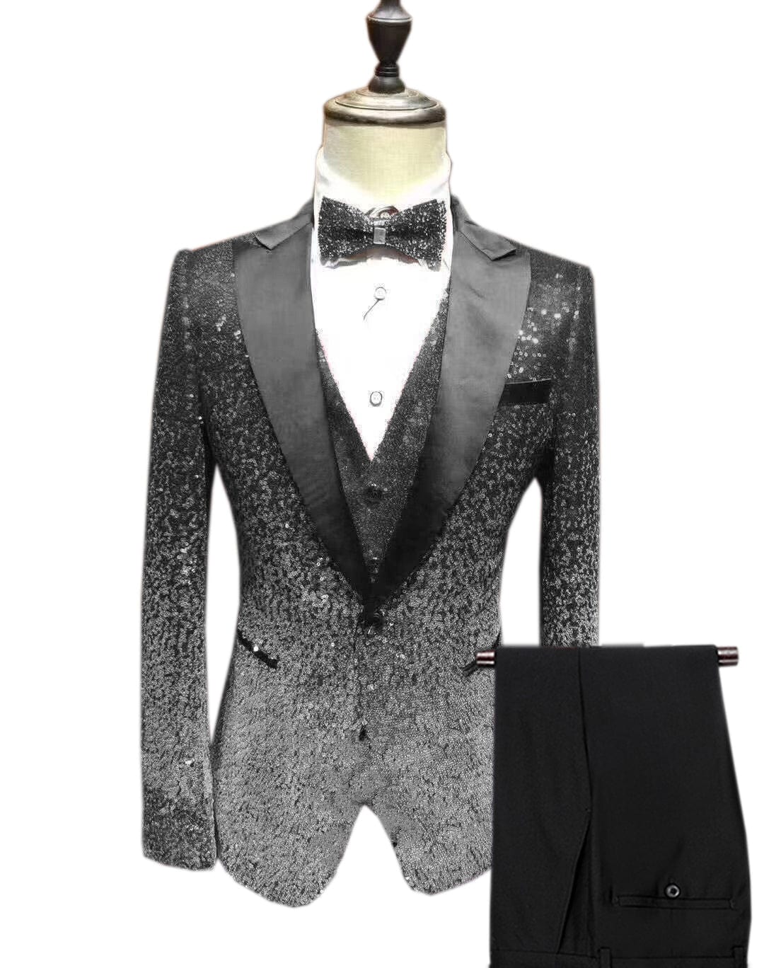 ceehuteey Men's Shiny Sequins 3 Piece Suit Blazer One Button Wedding Prom Tuxedo (Blazer + Vest + Pants)