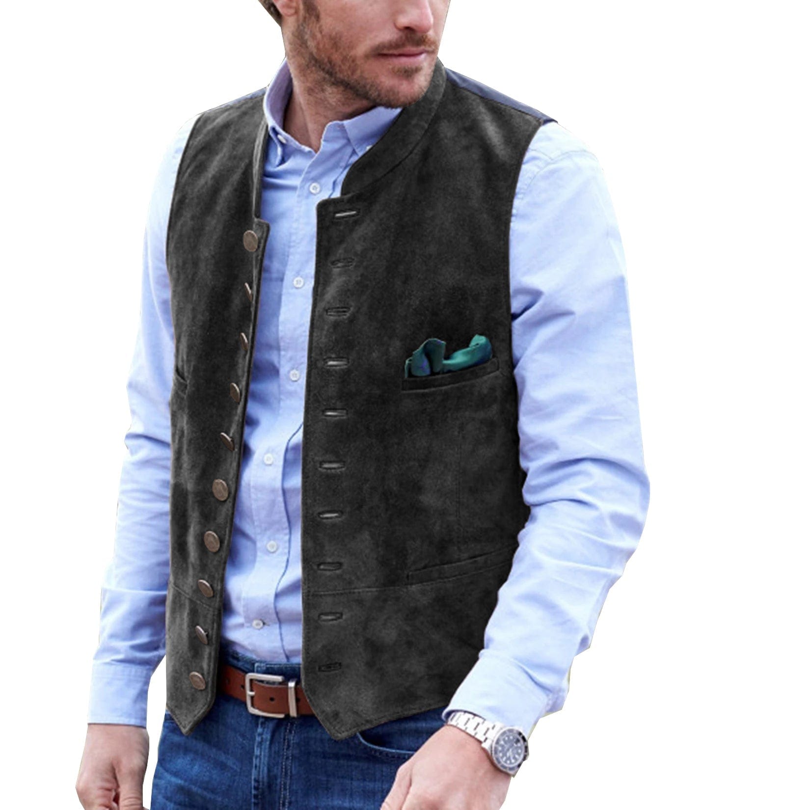 ceehuteey Men's Stand Collar Suede Fashion Waistcoat Denim Jacket