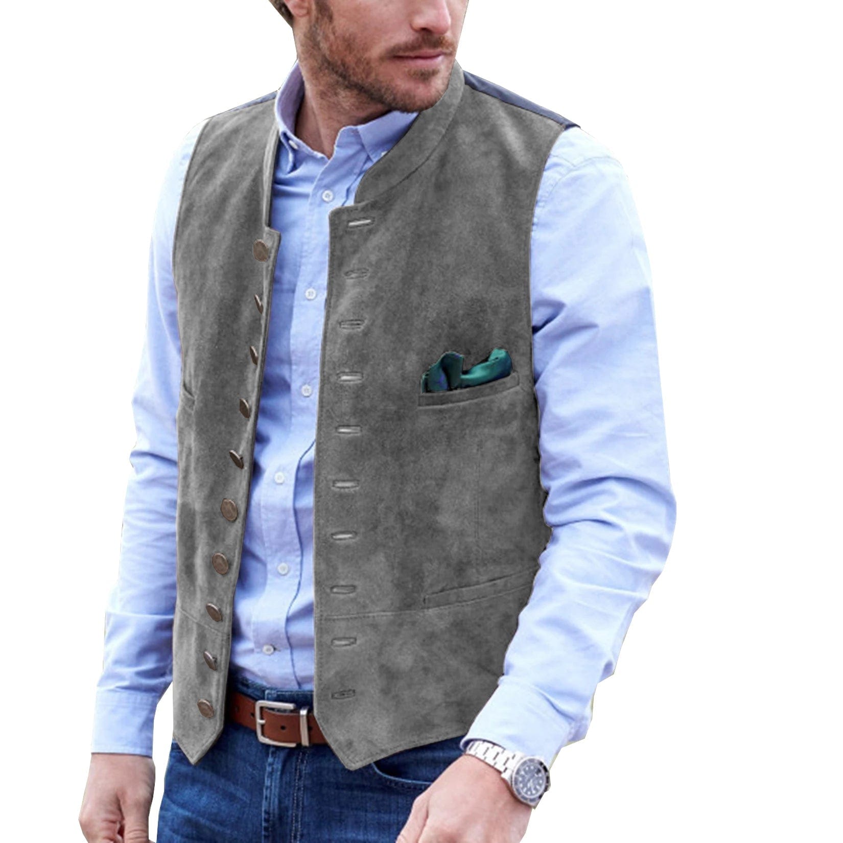 ceehuteey Men's Stand Collar Suede Fashion Waistcoat Denim Jacket