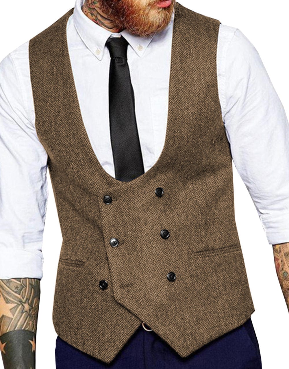 ceehuteey Men's Tweed Herringbone Double Breasted U Neck Waistcoat