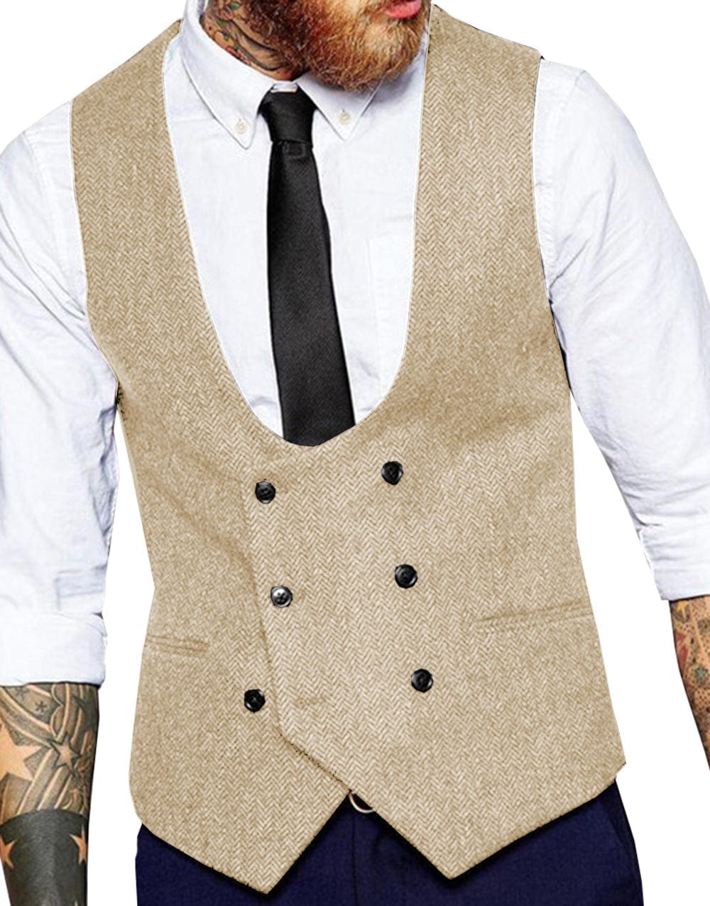 ceehuteey Men's Tweed Herringbone Double Breasted U Neck Waistcoat