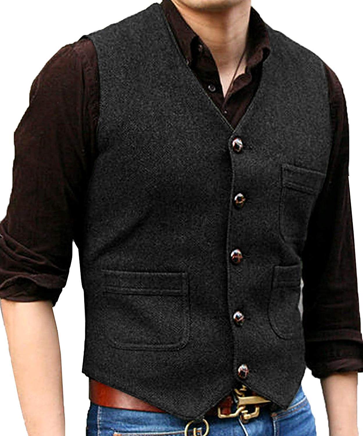 ceehuteey Men's Tweed Herringbone Vintage V Neck Waistcoat