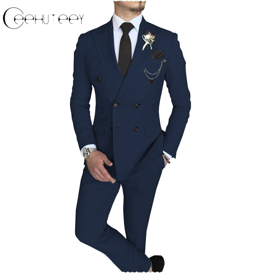 ceehuteey Mens 2 Piece Suit Slim Fit Double Breasted Peak Lapel Mens Coat (Blazer+Pants)