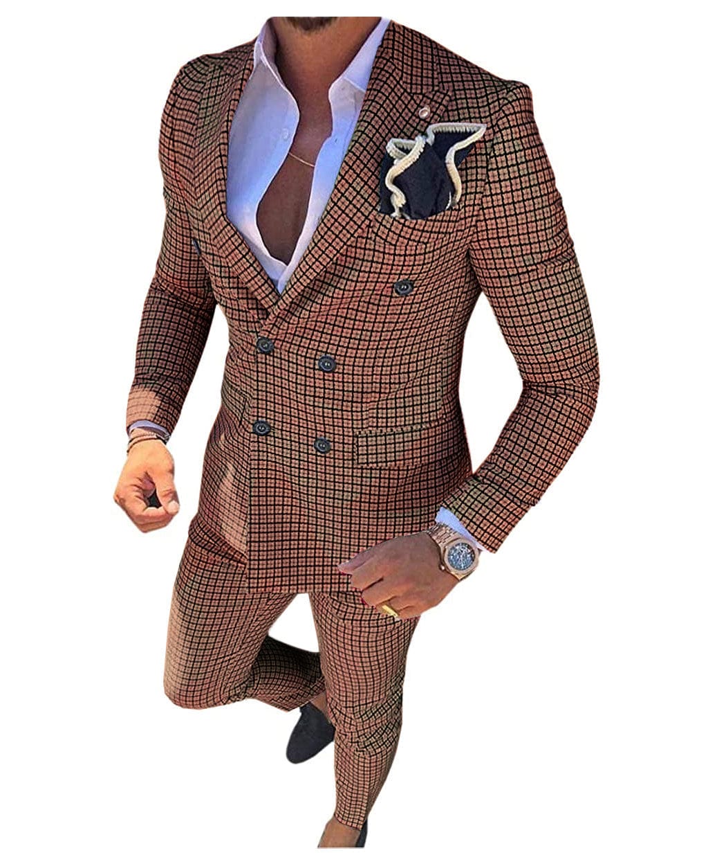 ceehuteey Mens 2 Pieces Plaid Suit Double Breasted Houndstooth Peak Lapel  (Blazer+Pants)