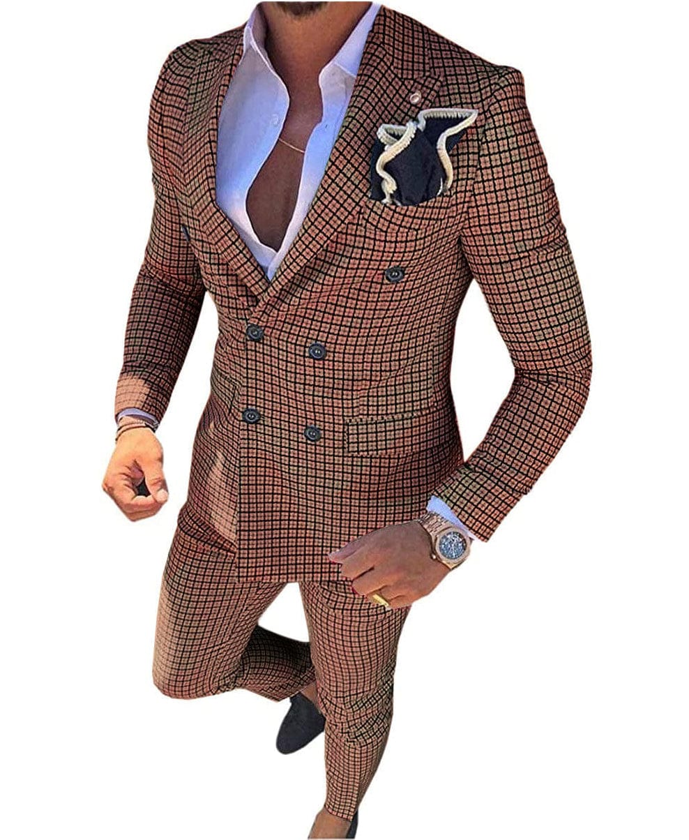 ceehuteey Mens 2 Pieces Plaid Suit Double Breasted Houndstooth Peak Lapel  (Blazer+Pants)