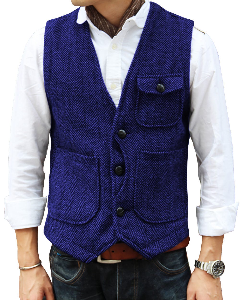 ceehuteey Mens Causual V Neck Tweed Herringbone Waistcoat