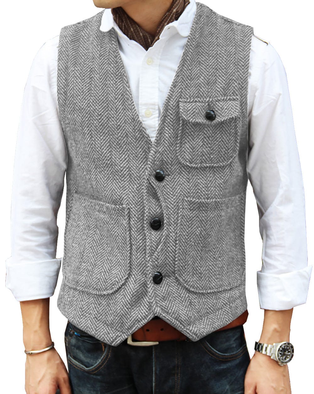 ceehuteey Mens Causual V Neck Tweed Herringbone Waistcoat