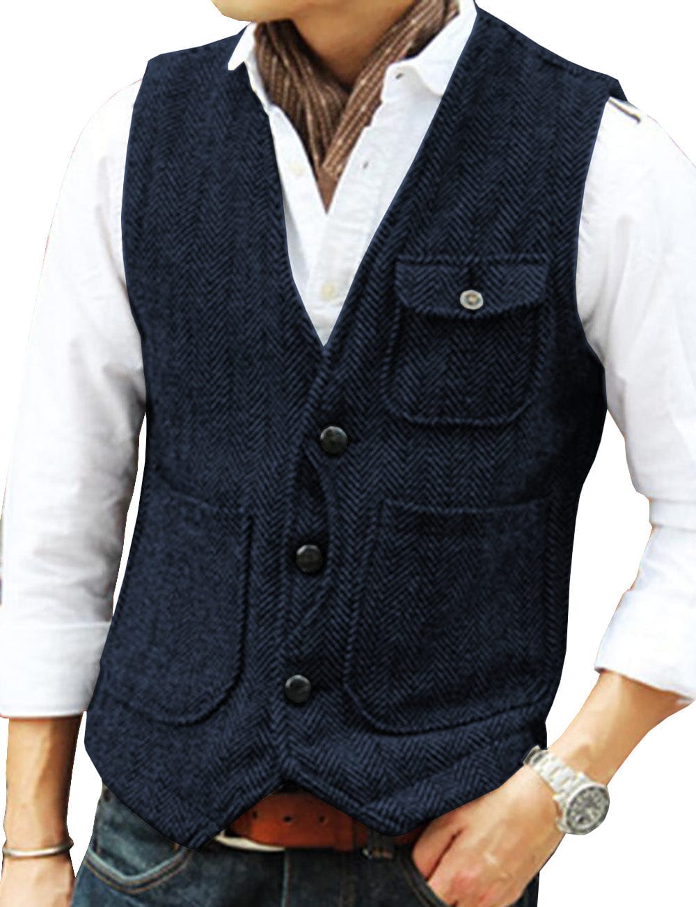 ceehuteey Mens Classic Tweed Herringbone Vintage V Neck Waistcoat