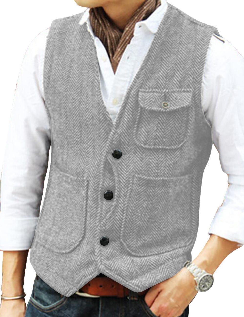 ceehuteey Mens Classic Tweed Herringbone Vintage V Neck Waistcoat