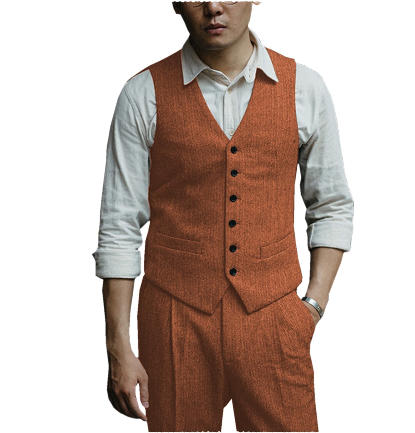 ceehuteey Mens Herringbone v Neck 2 Pieces （Waistcoat+Pants）