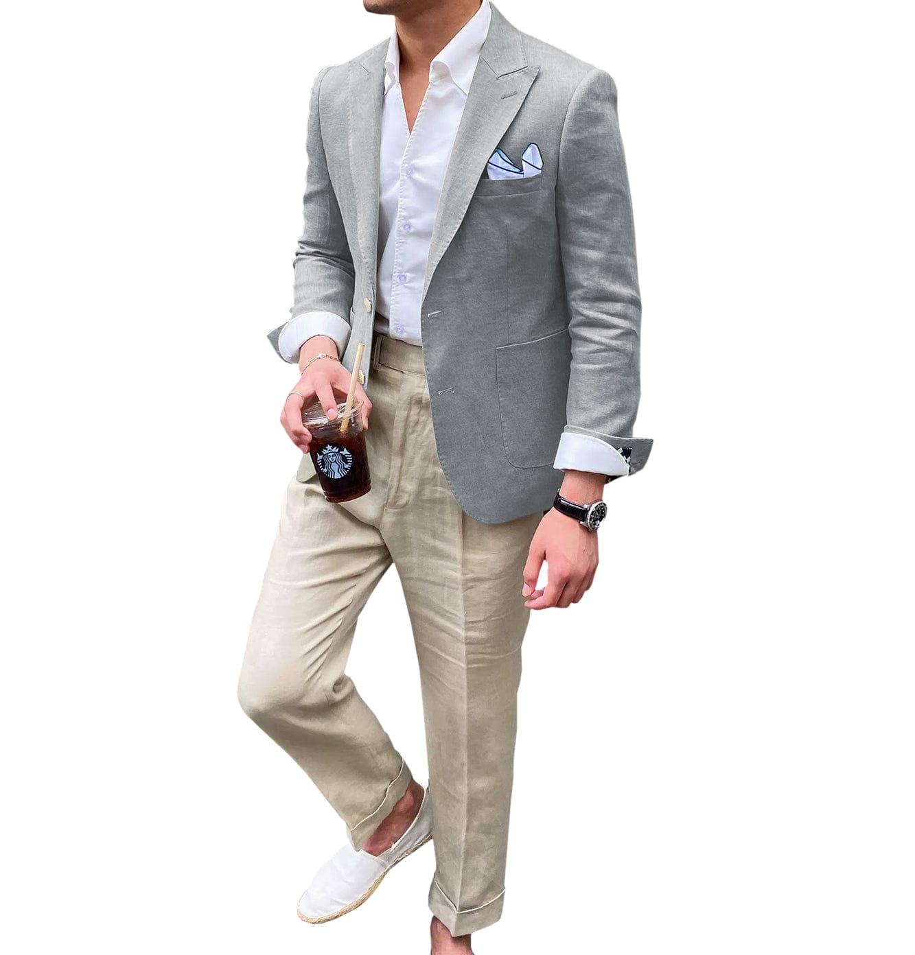 ceehuteey Summer Linen Men's Casual  Peak lapel Suit for Blazer